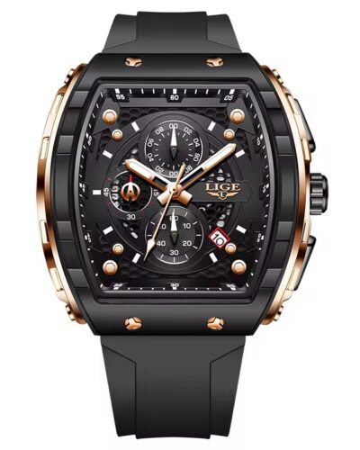 LIGE 89148 Rectangle Men Watches Quartz 3atm Waterproof Chronograph Silicon Strap Watch